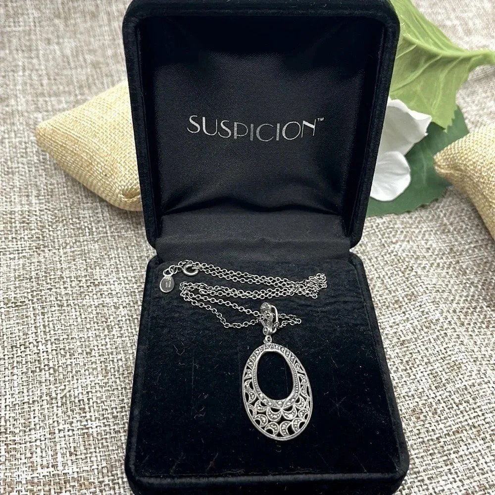 Vintage Brand Sterling Silver Marcasite Filigree Pendant Necklace
